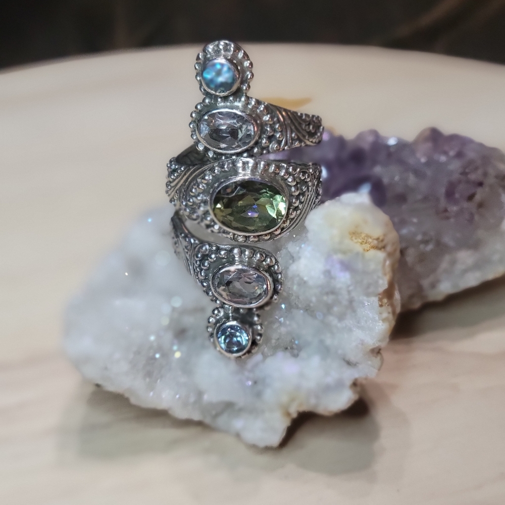 Sterling Silver Multi-Stone Statement Ring with Green and Blue Gemstones - Picture 3 of 6